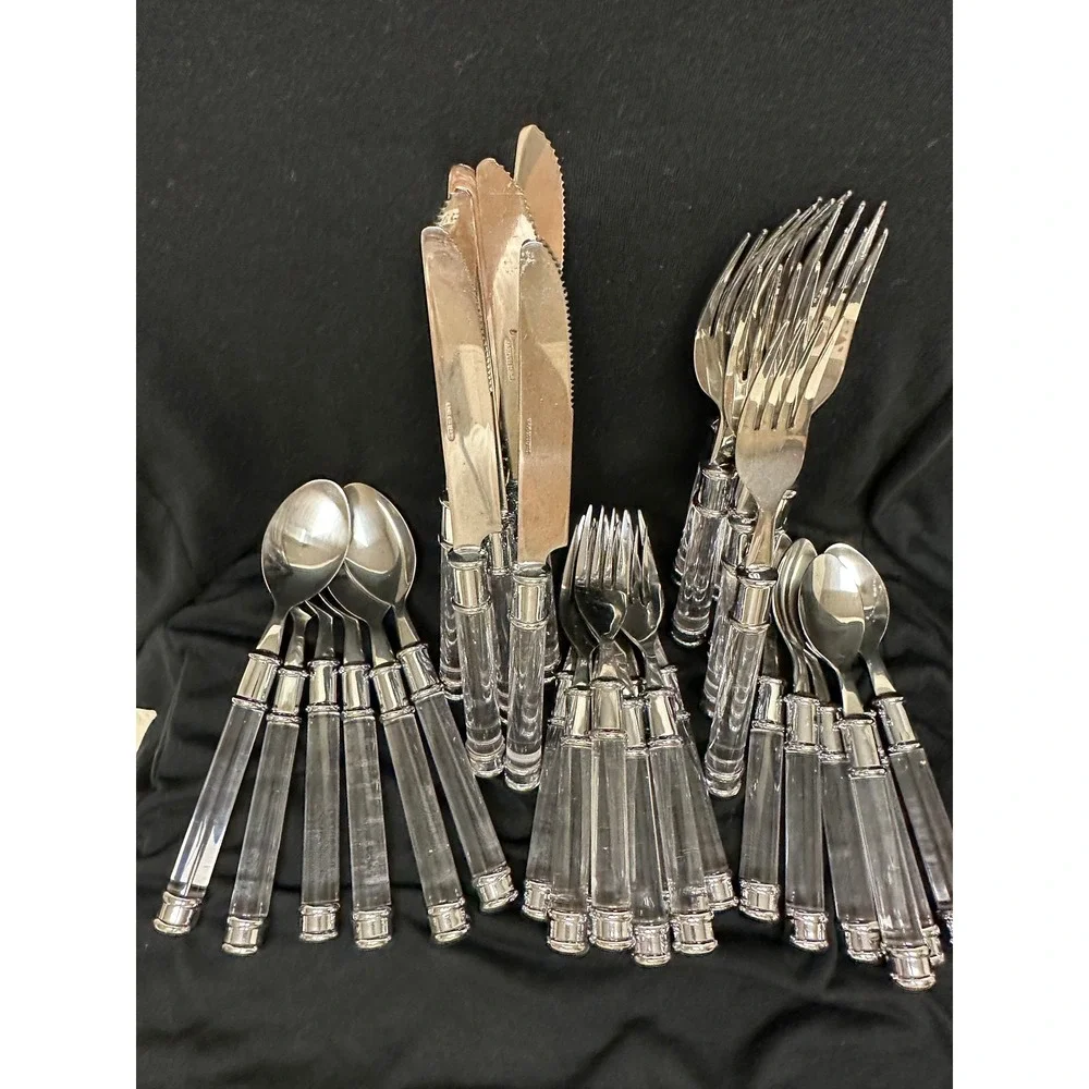 Vintage Look 32 Pce Set Flatware Clear Acrylic Handles Stainless Steel Plus Tray